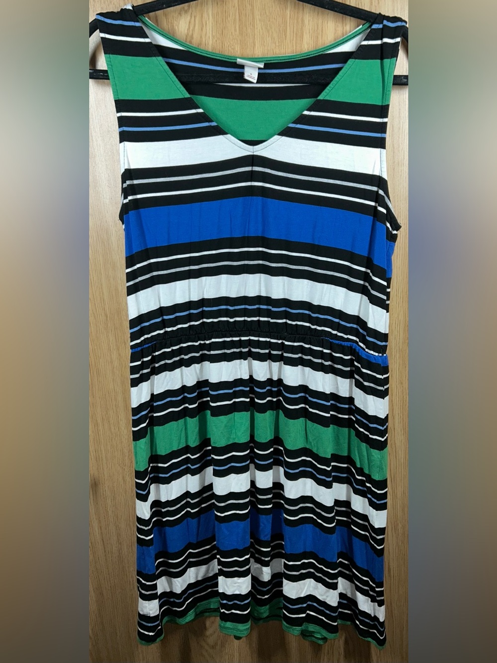 Merona Women's Size L Green, Blue, & Black Striped Sleeveless Rayon Dress